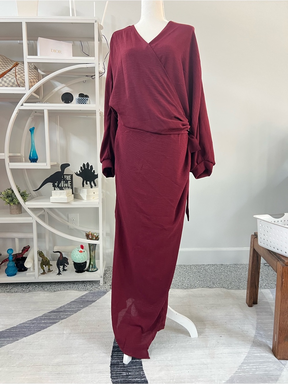 Burgundy Maroon Wrap Maxi Dress with Pockets XL - Picture 8 of 13